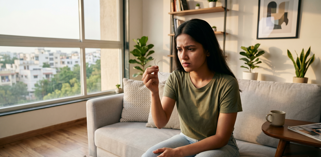 Indian woman checking her hair — PCOS and hair fall guide showing how biotin, zinc and B-vitamin nutrition from mydaily supports thicker, stronger hair